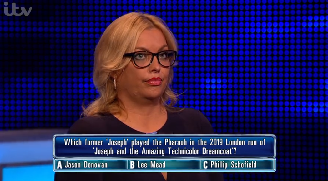 Contestant Katie looking serious on The Chase