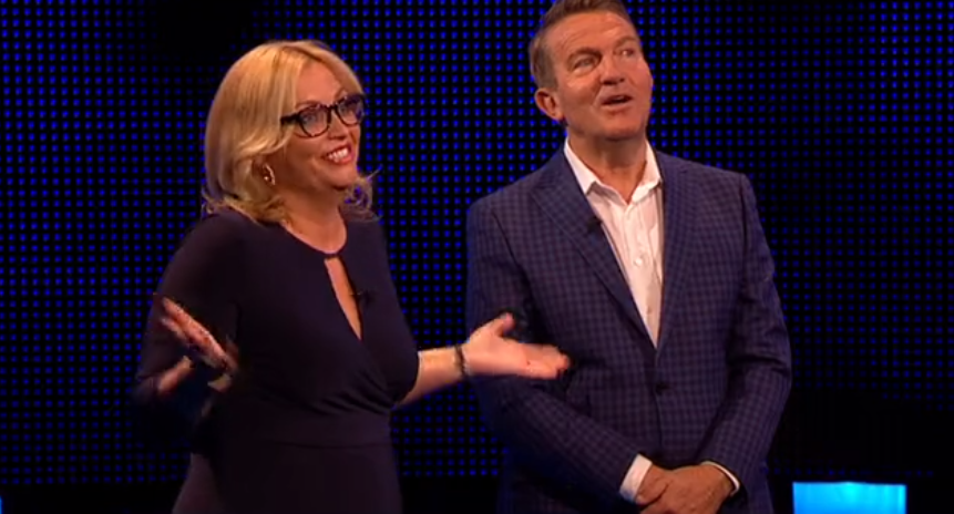 Contestant Katie and Bradley Walsh laughing on The Chase