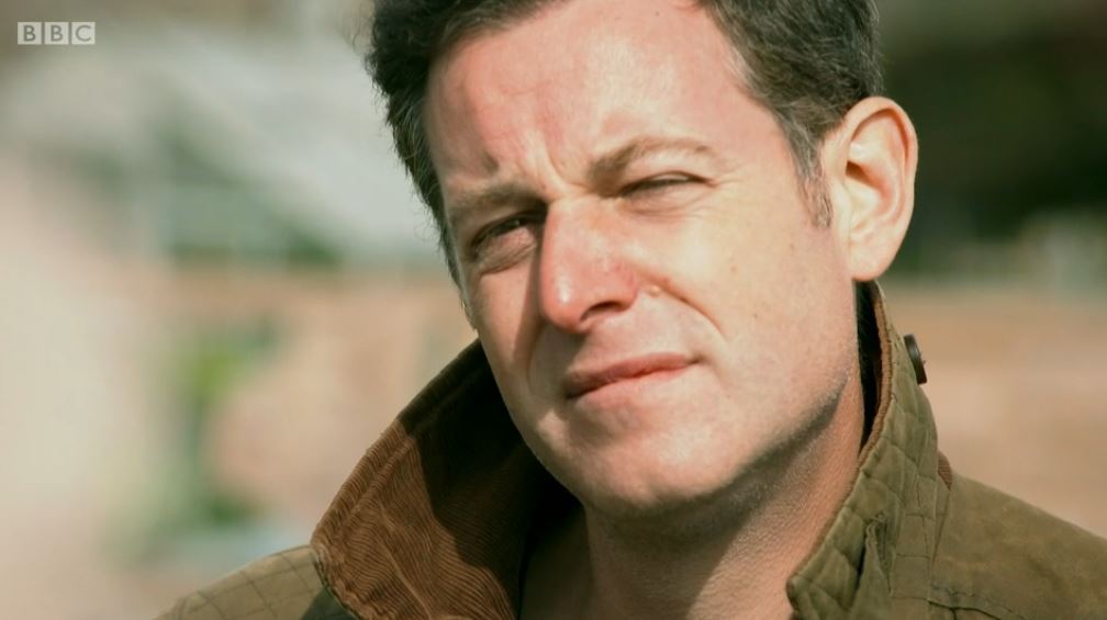 Matt Baker listening to Harvey on Countryfile