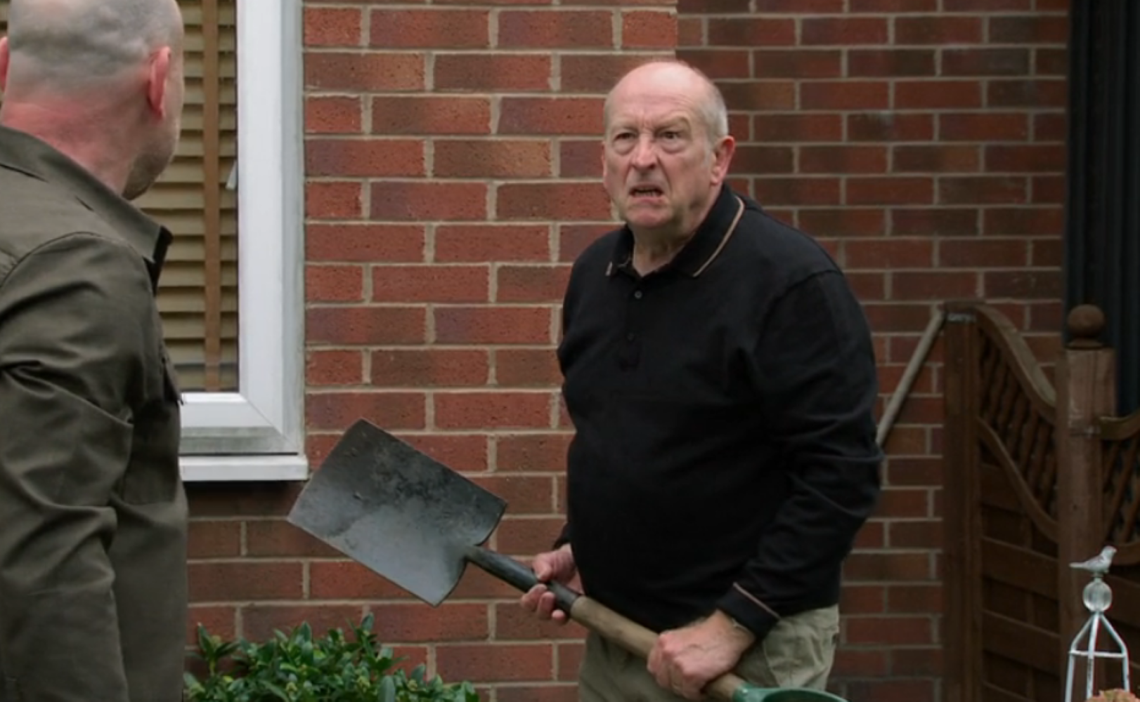 Geoff broke into Sally and Tim's garden and began destroying the furniture in Coronation Street