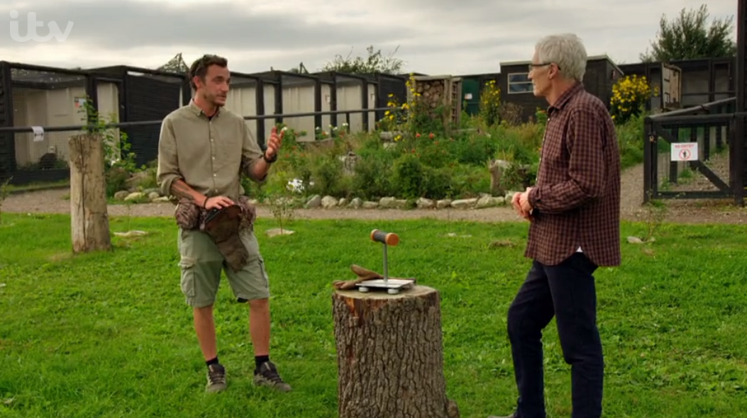 Paul O'Grady at a bird of prey sanctuary