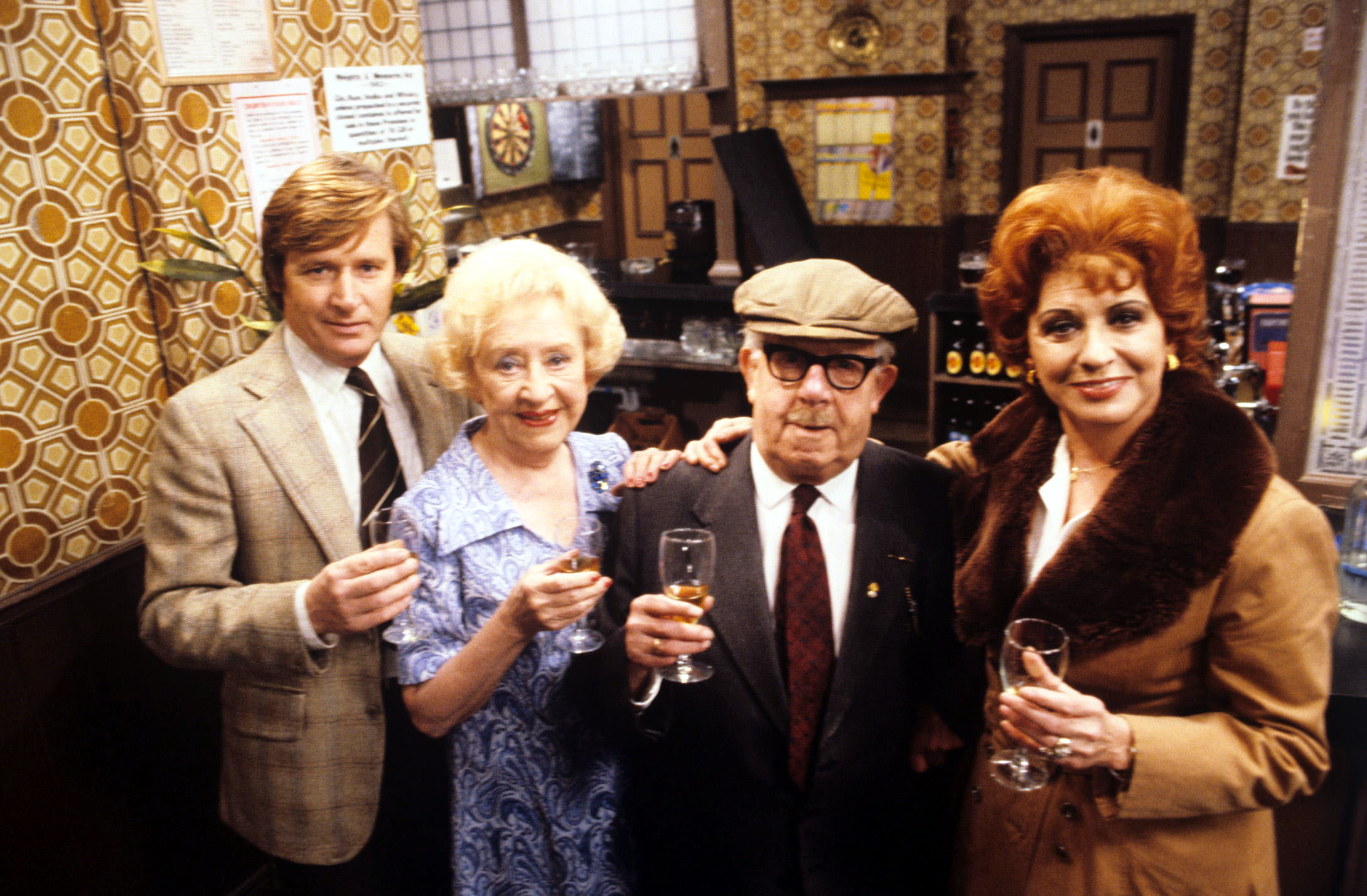 Ken Barlow, Annie Walker, Albert Tatlock and Elsie Tanner in the Rovers in 1980 Coronation Street
