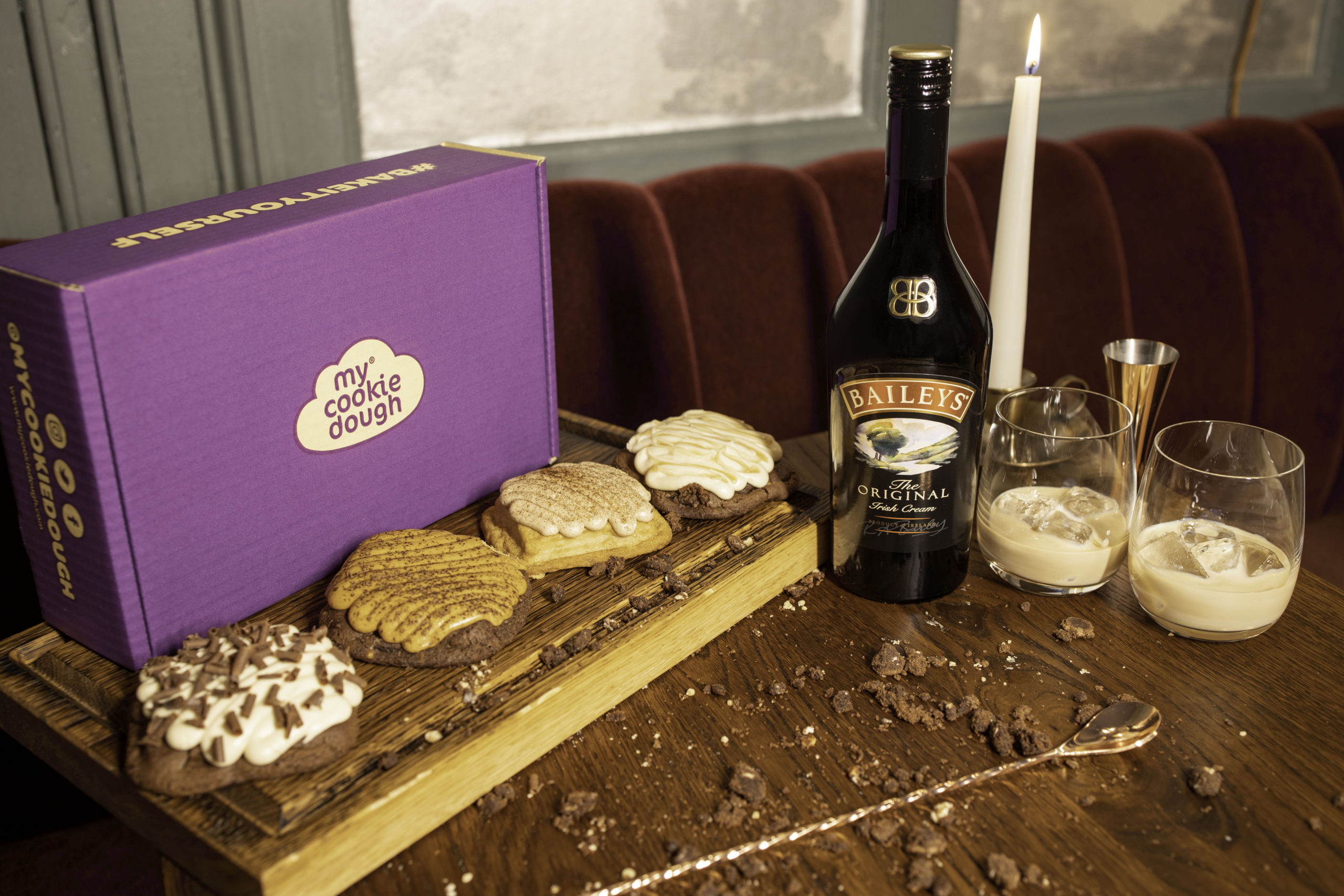 bottle of baileys and some cookie dough squares