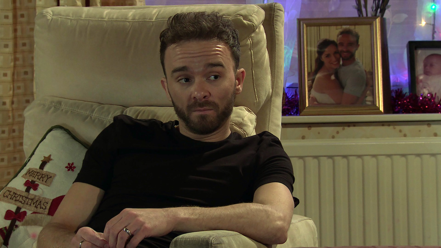 Coronation Street David Platt looks skeptical 