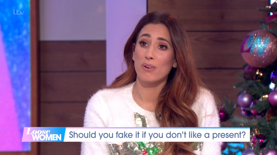 Stacey Solomon on Loose Women. She and Joe Swash wore their Christmas jumpers
