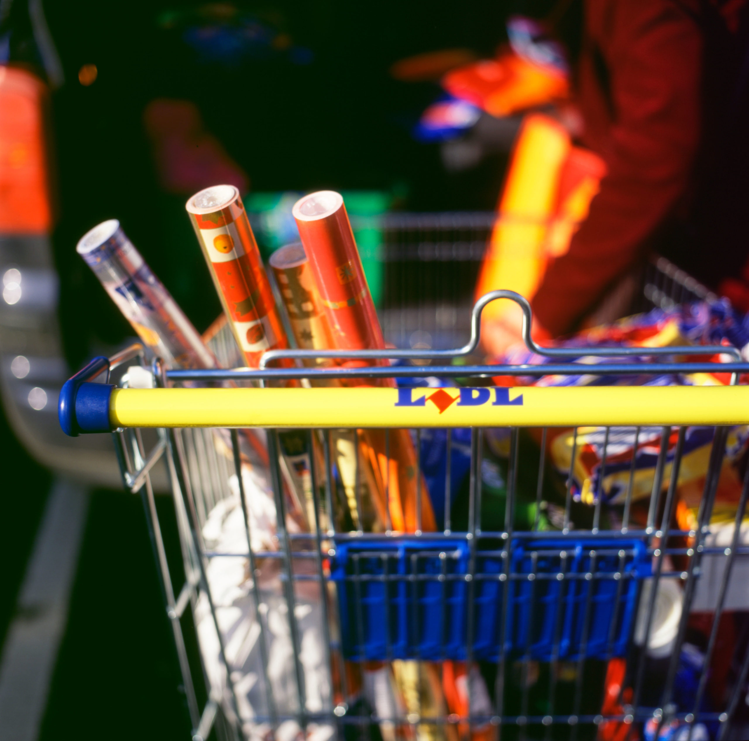 Lidl trolley filled with wrapping paper