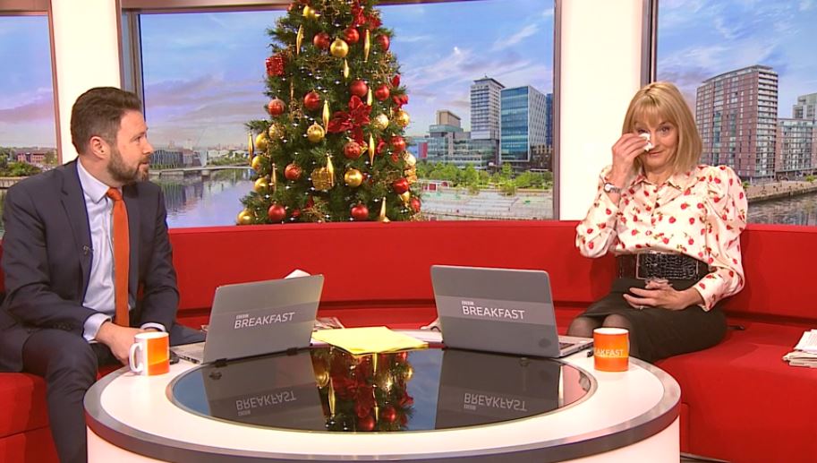 Louise Minchin crying today on BBC Breakfast