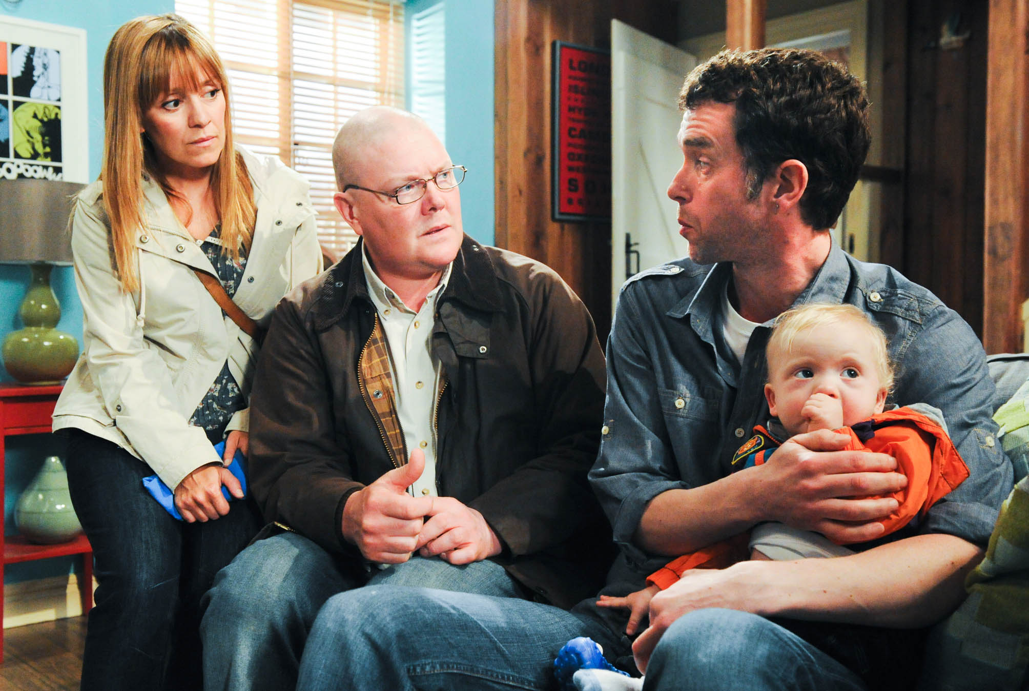 Rhona, Paddy and Marlon have all remained friends and raise Leo together in Emmerdale 