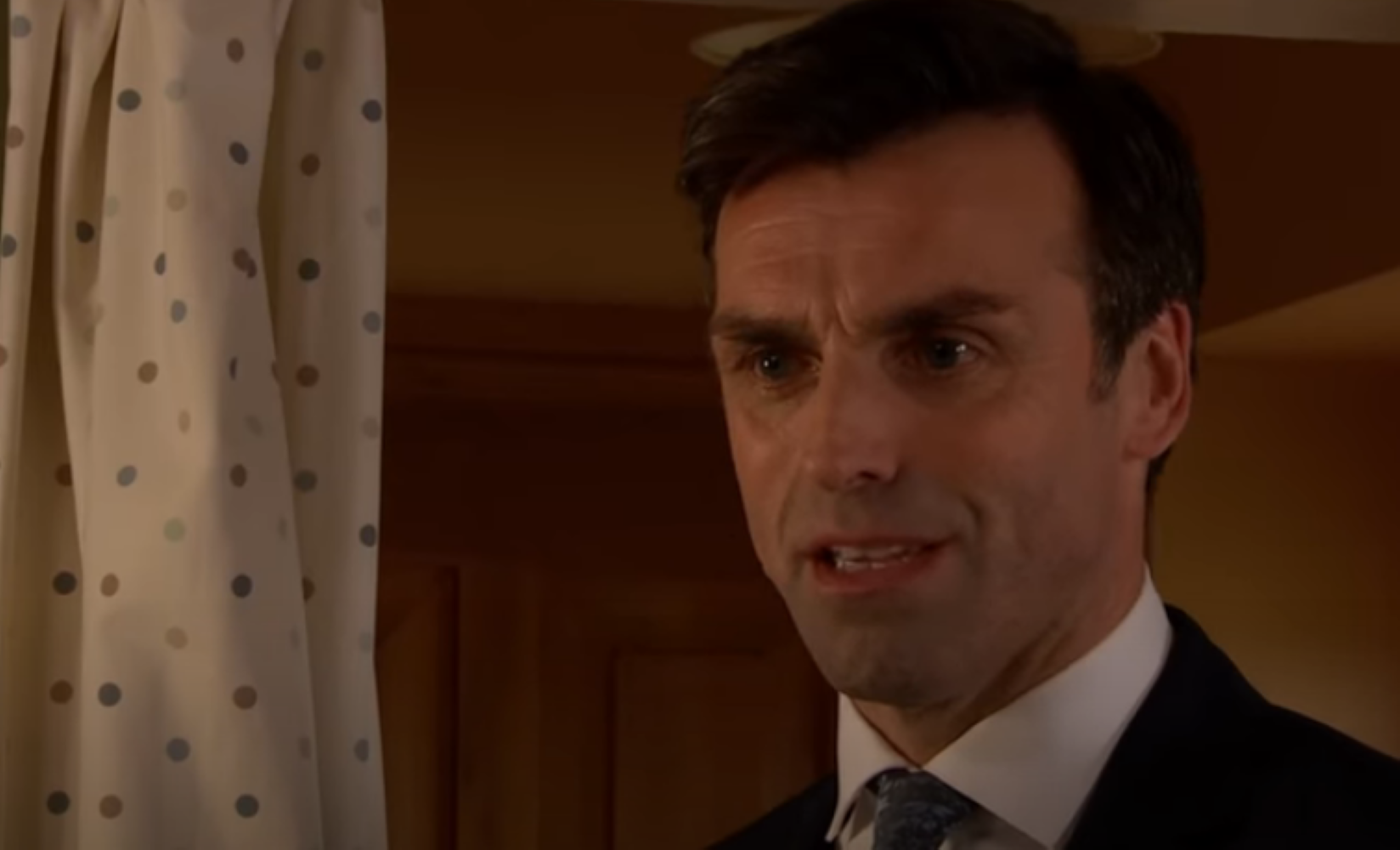 Emmerdale Pierce Harris looking annoyed