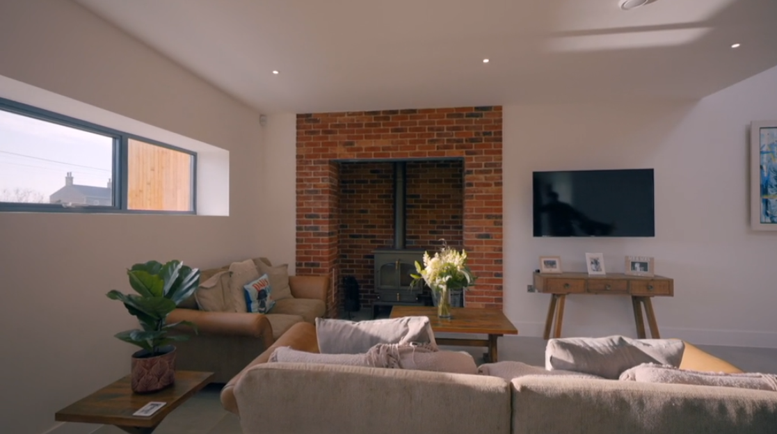 A living space featuring a hearth