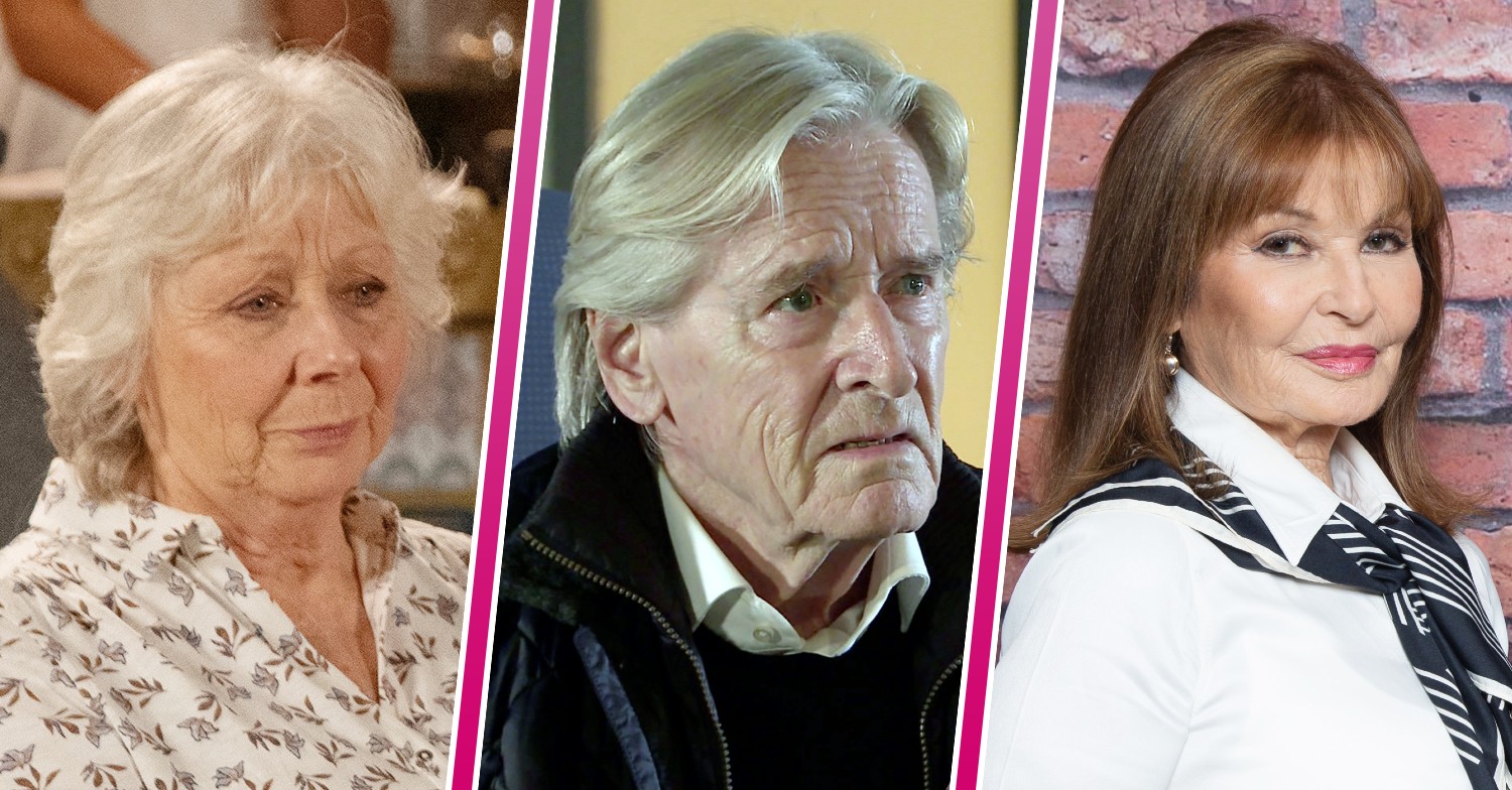 Wendy looking upset, Ken looking worried and Martha smiling in Coronation Street