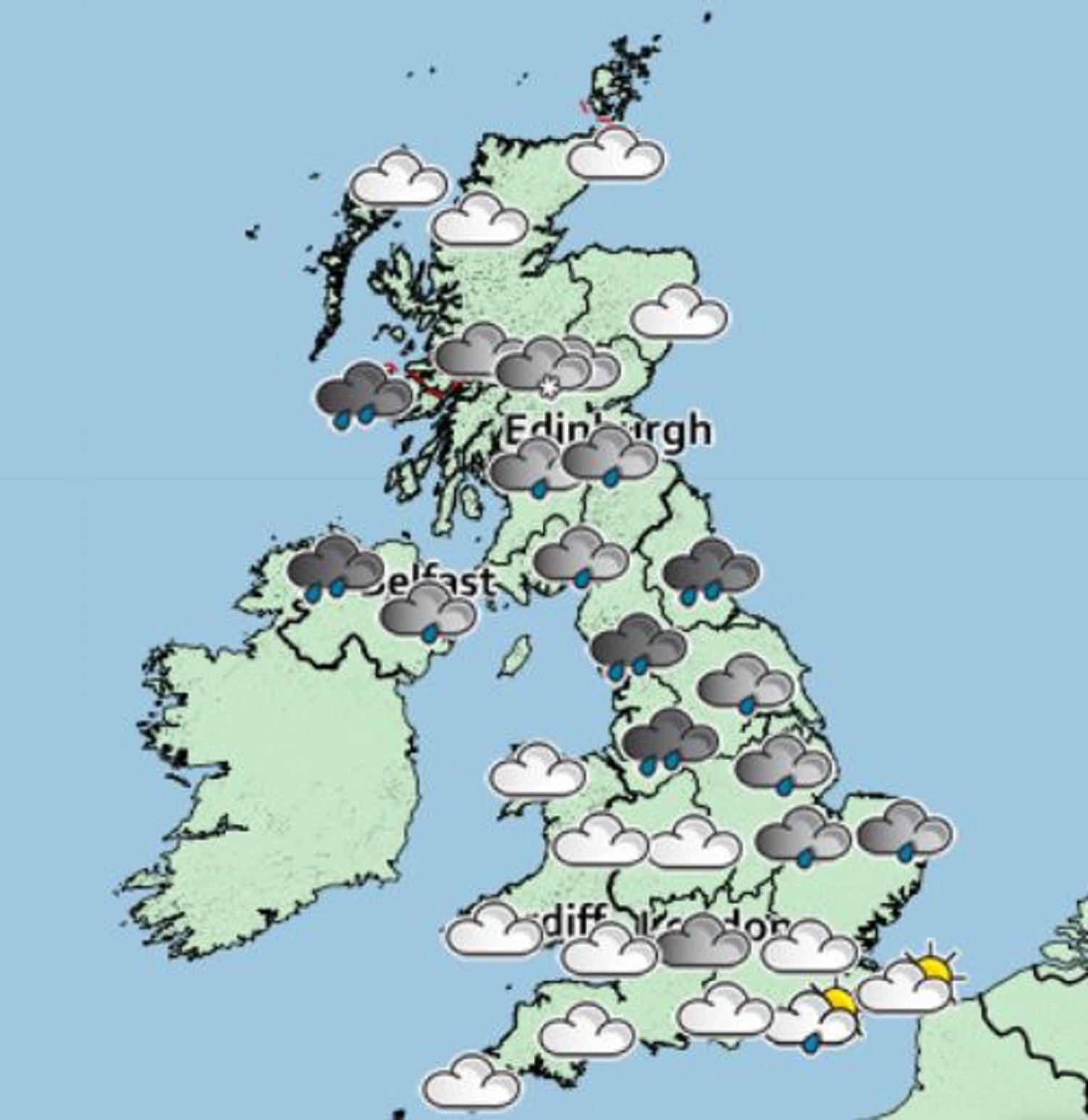 A Met office weather map showing rain and clouds