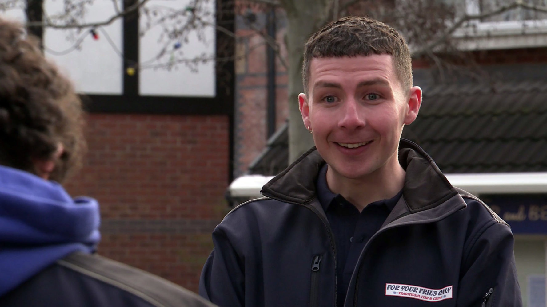 Coronation Street Jacob Hay beams at Simon Barlow