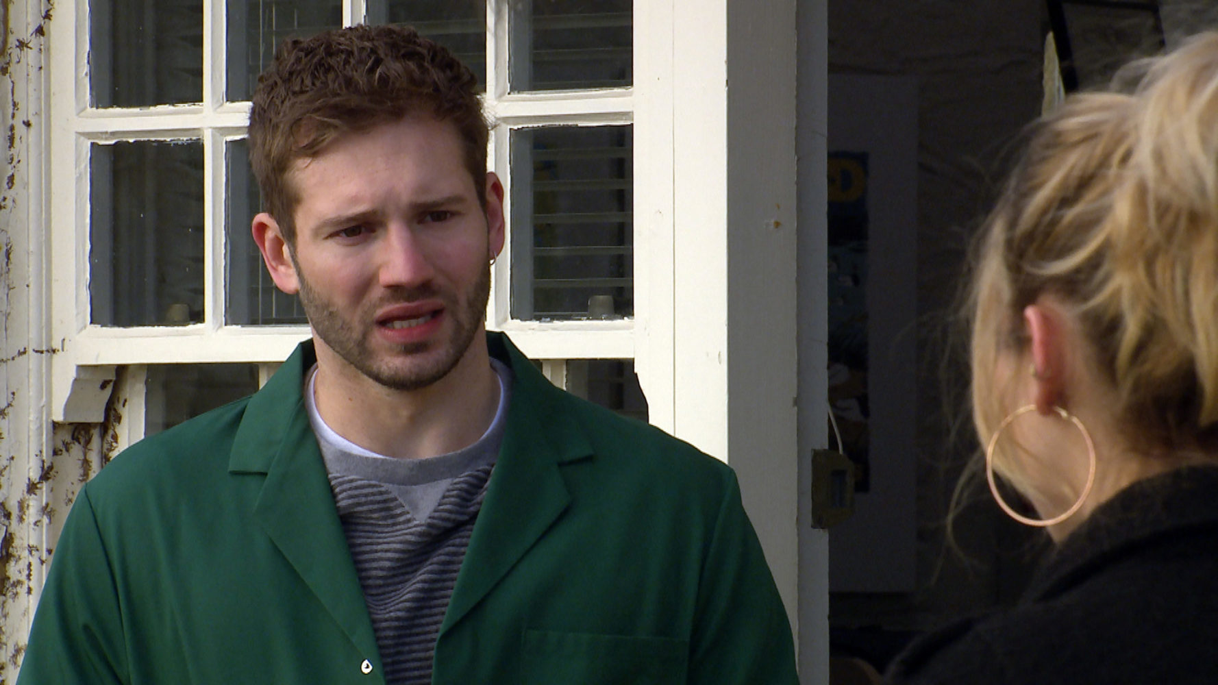 Jamie Tate looks anxious as he talks to Dawn Taylor in Emmerdale