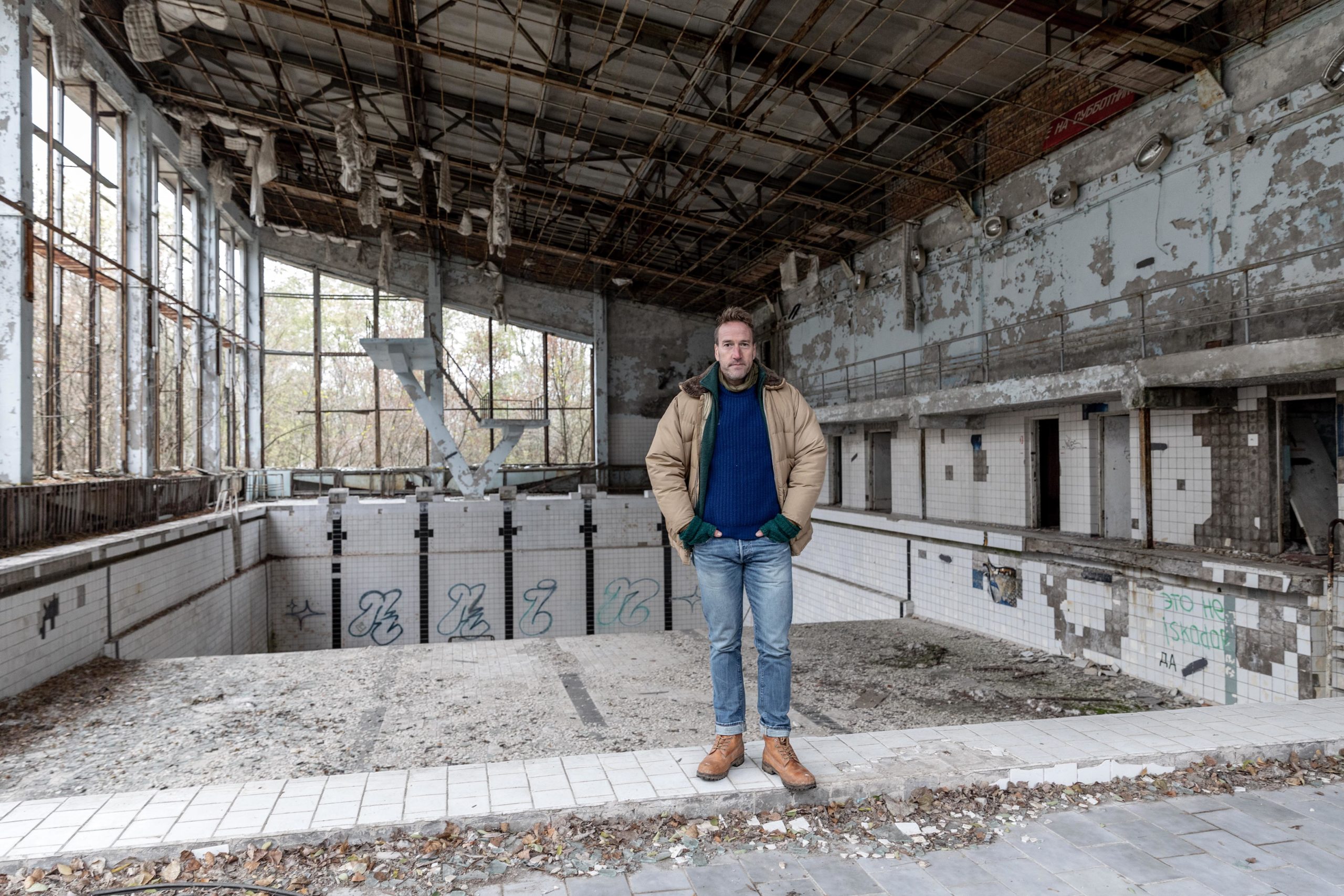 Ben Fogle inside the ruins of the Azure swimming pool in Pripyat (Credit: Channel 5)