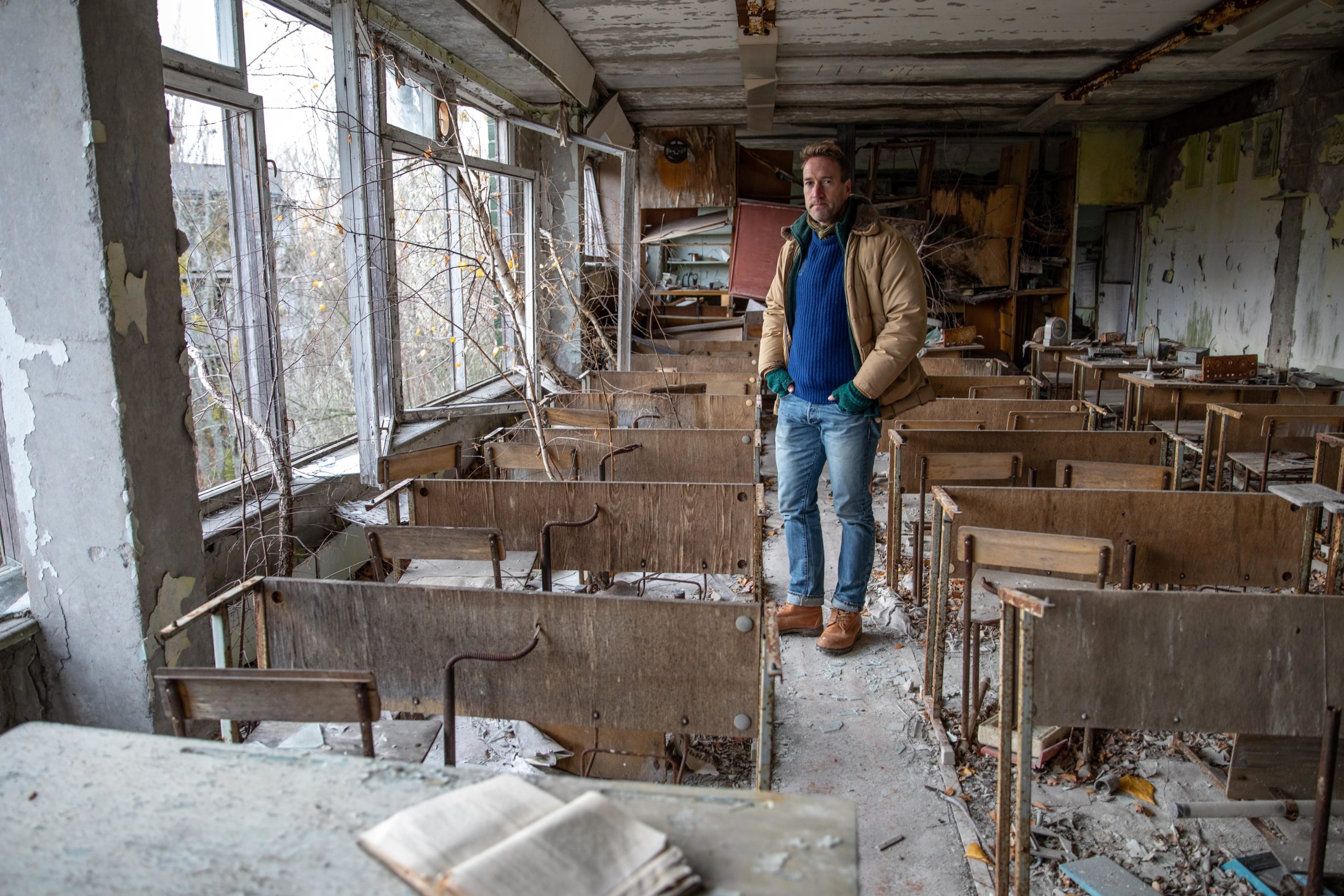 Ben Fogle inside the ruins of a school in Pripyat (Credit: Channel 5)