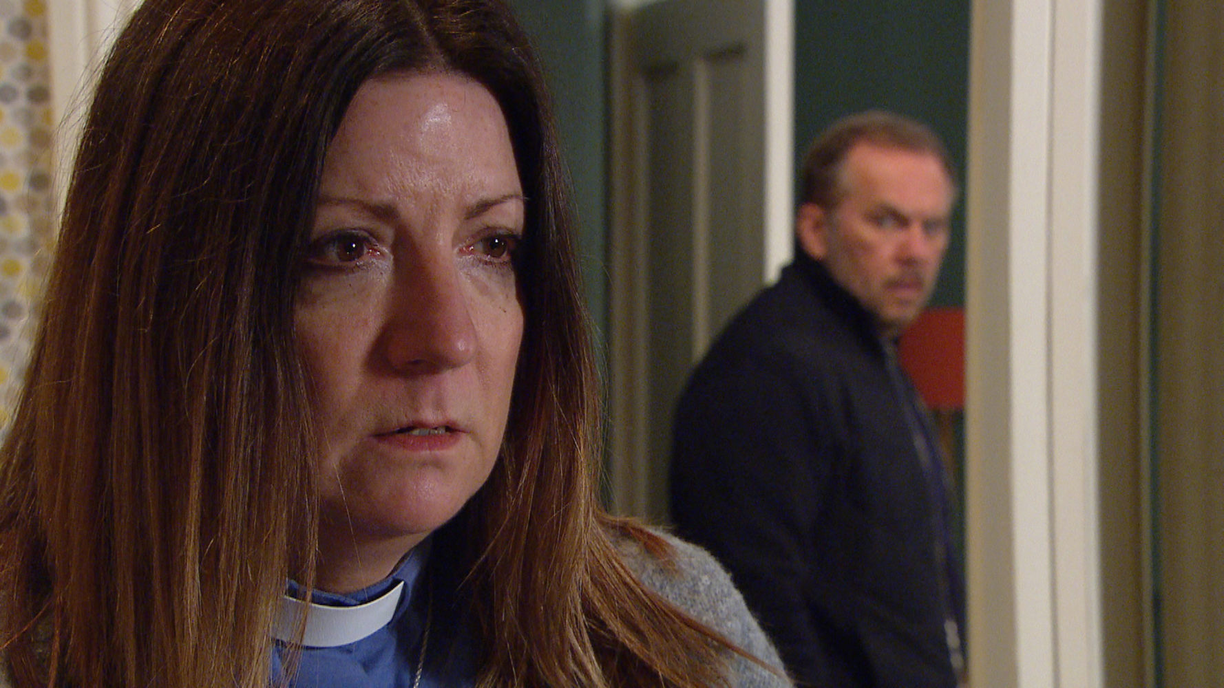 Harriet looks terrified as angry will looks on in Emmerdale