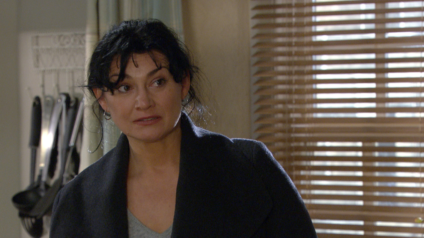 Moira Dingle looking worried on Emmerdale