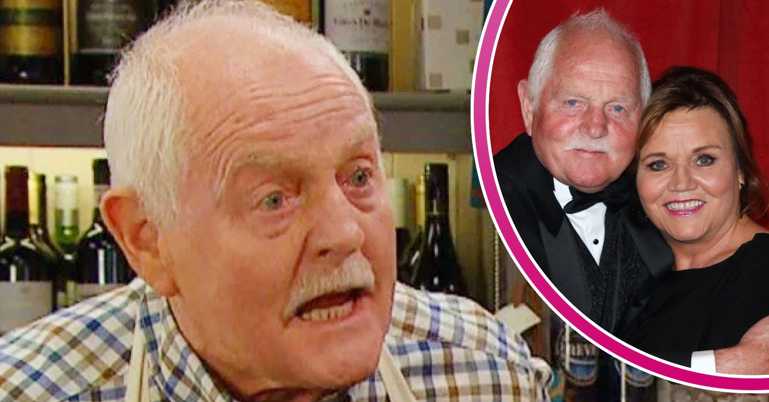 Emmerdale comp image: Eric Pollard looking angry with Chris Chittell and Lesley Dunlop hugging in a bubble