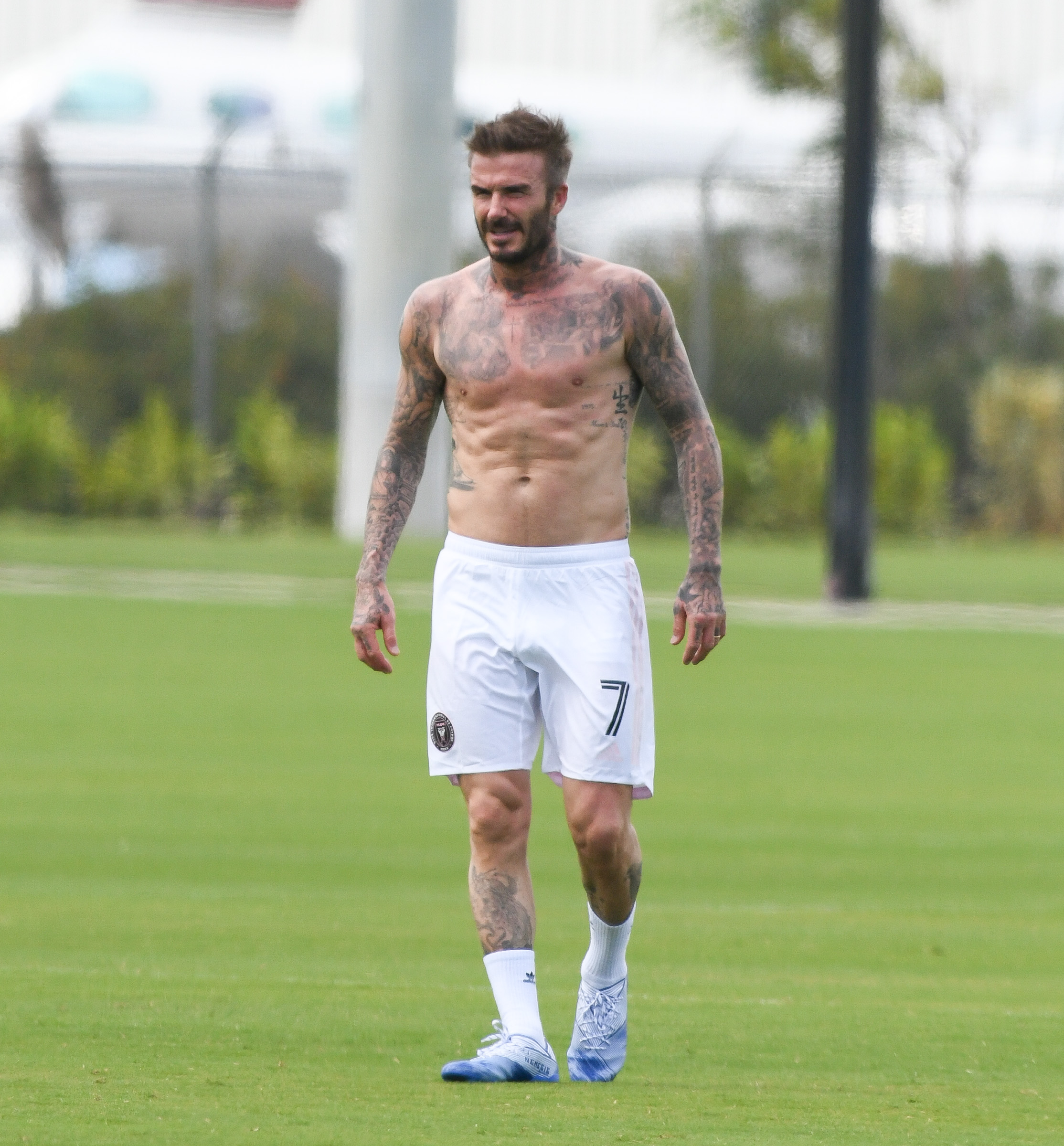 David Beckham shirtless. He shared his workout on instagram