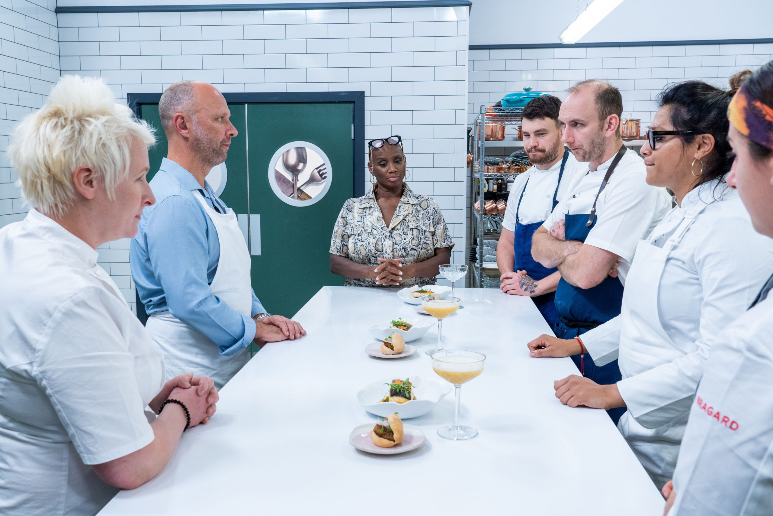 Lisa Goodwin-Allen with the competitors on Great British Menu (Credit: BBC Two)