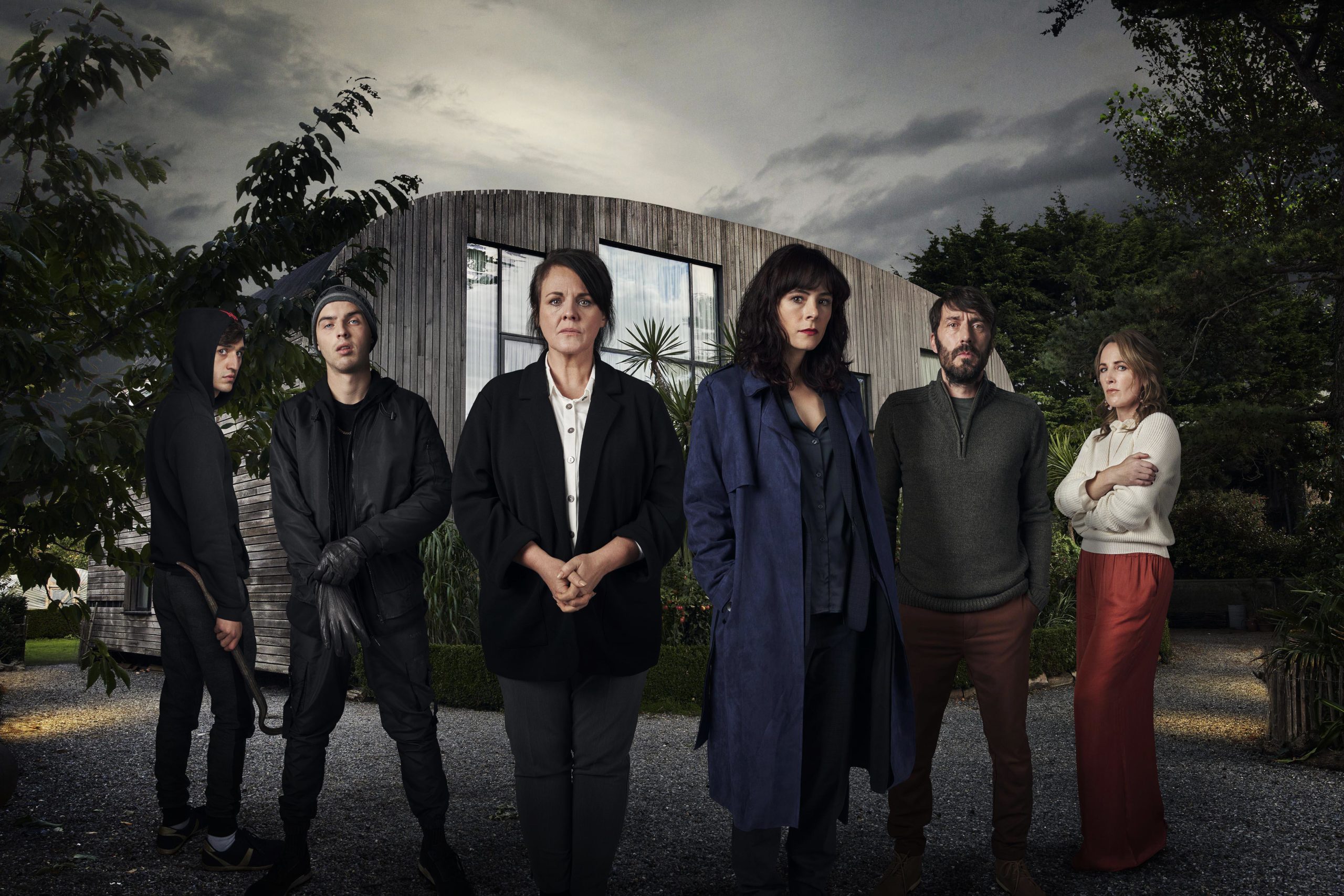 The cast of Intruder, including Tom Meeten as Sam (Credit: Channel 5)