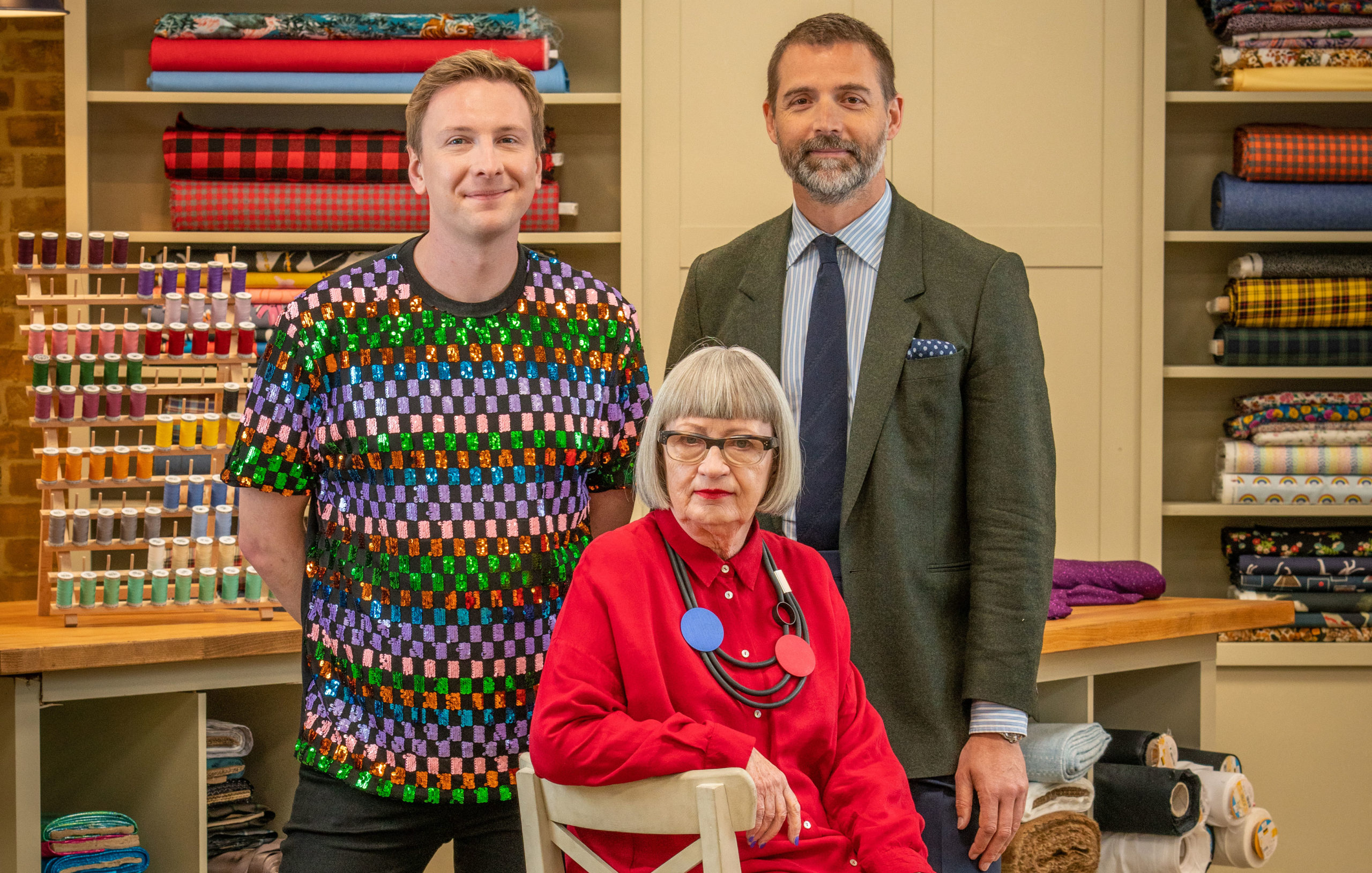 Joe Lycett and judges Great British Sewing Bee
