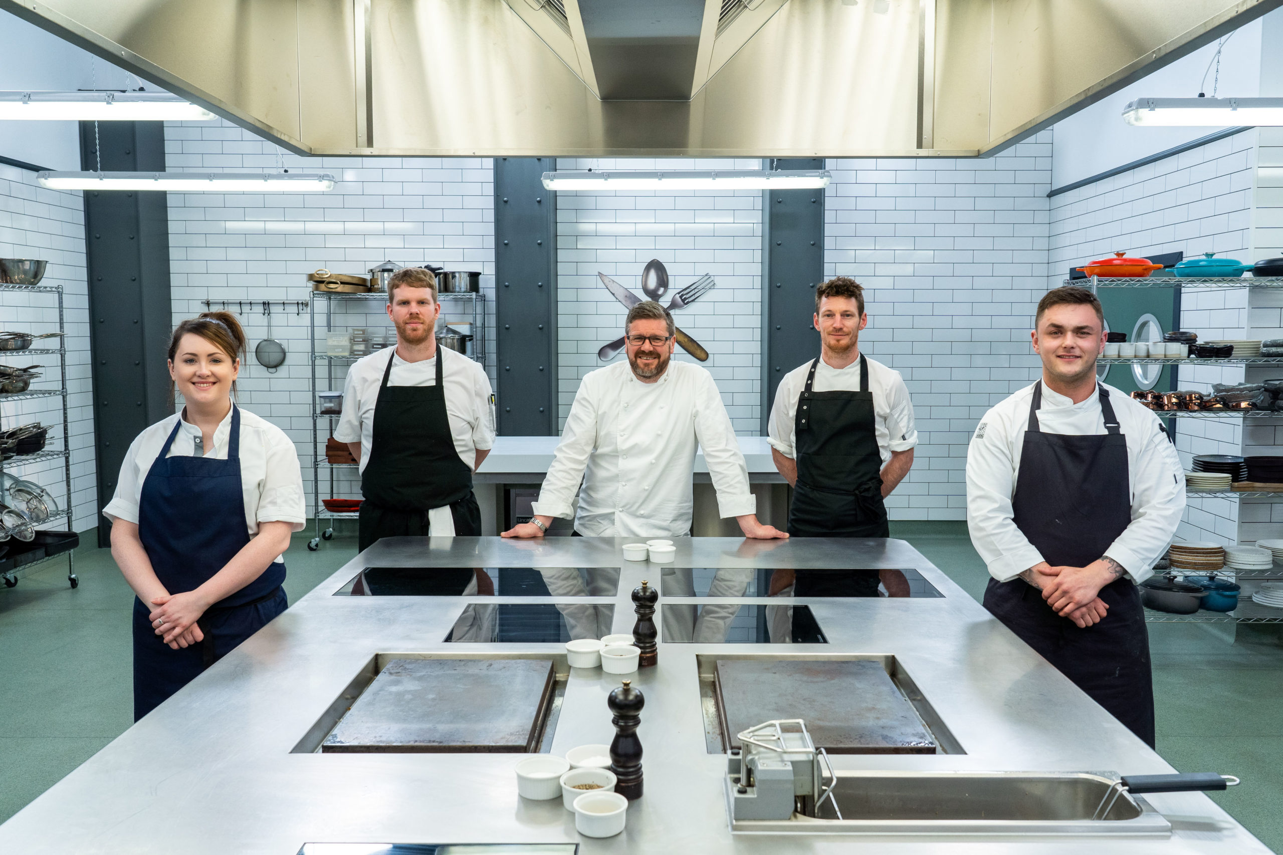 Daniel Clifford and the four top chefs competing for Northern Ireland (Credit: BBC Two)