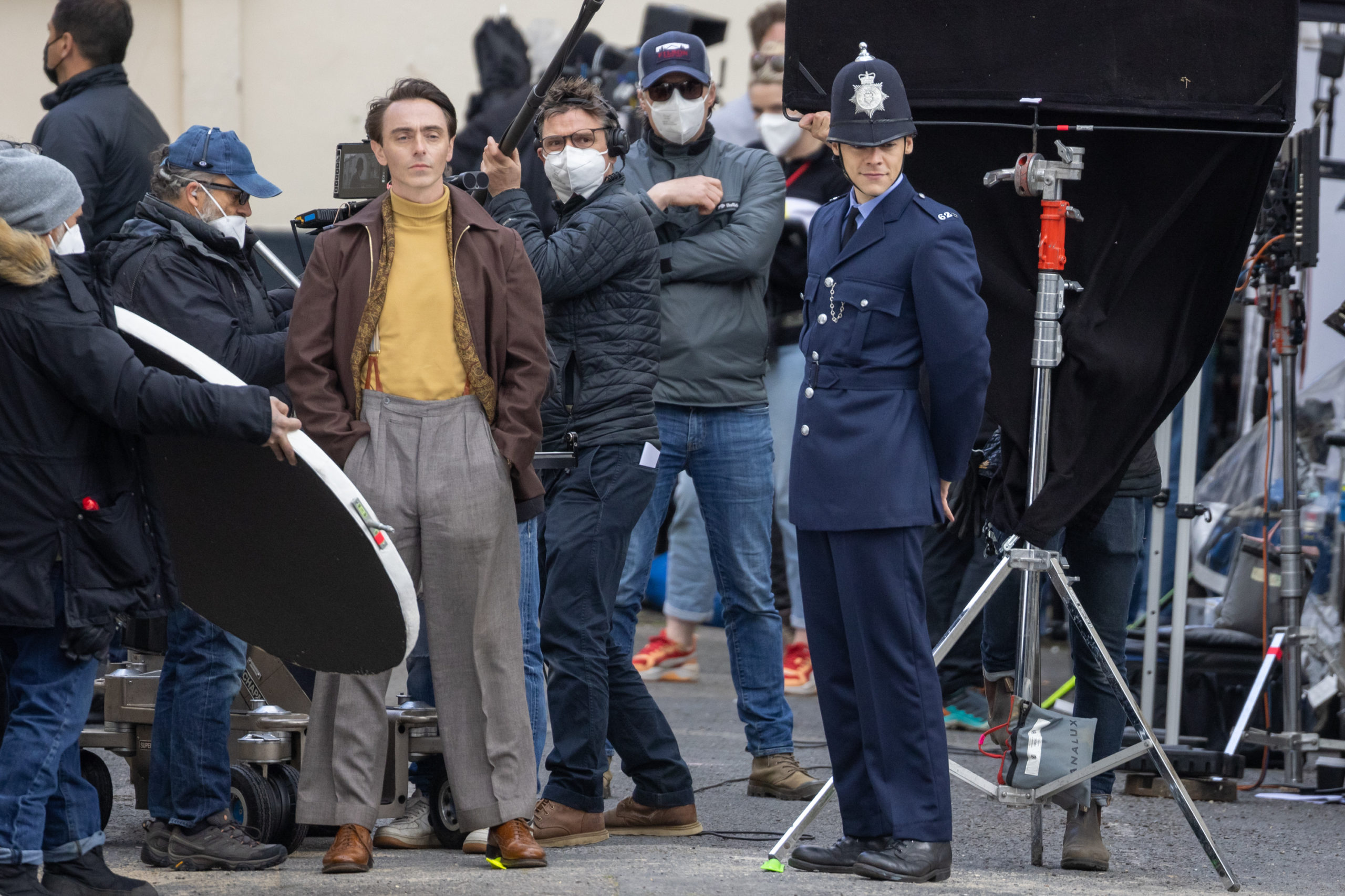 Harry Styles and David Dawson spotted filming My Policeman in Brighton (Credit: Splash)