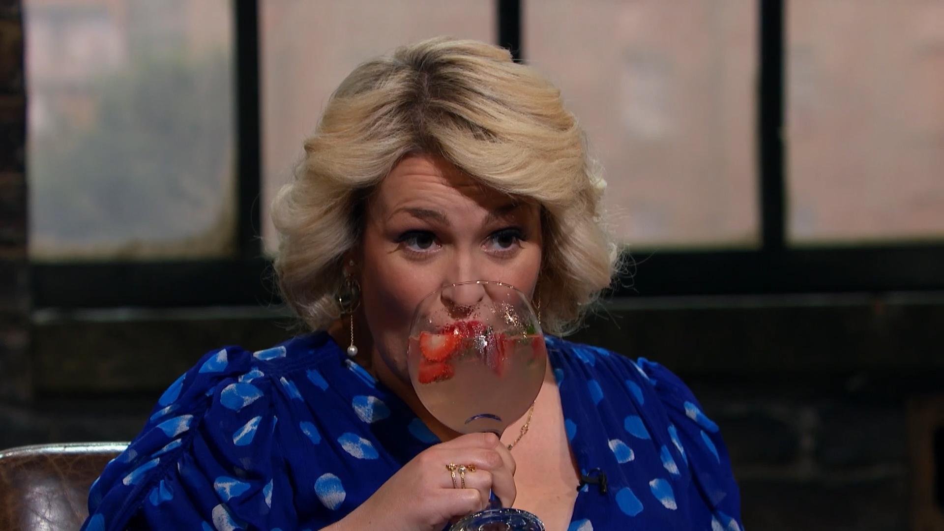 Sara Davies enjoys a gin on the job (Credit: BBC One)