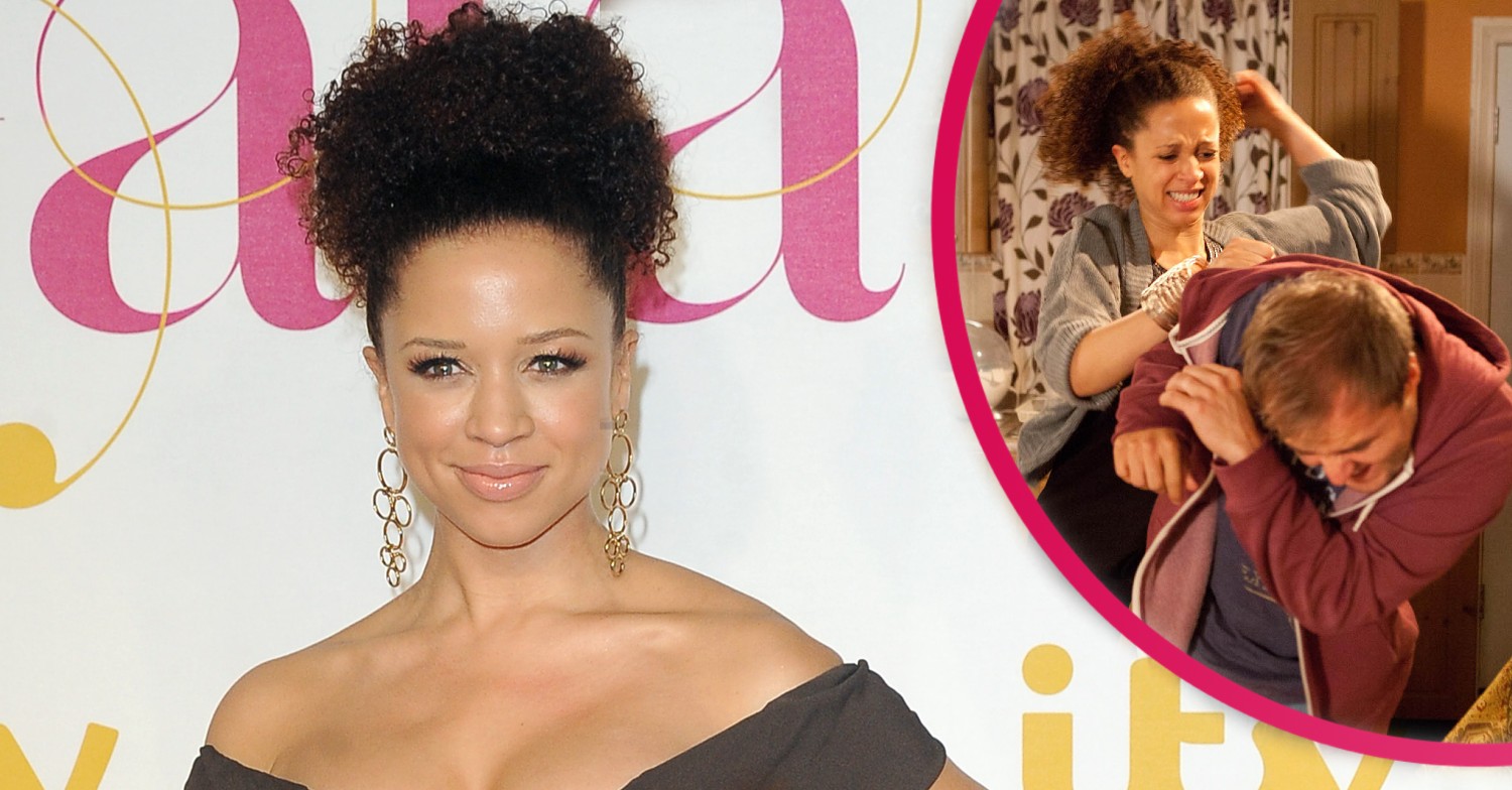 Coronation Street star Natalie Gumede, and in a bubble is Kirsty and Tyrone in Corrie