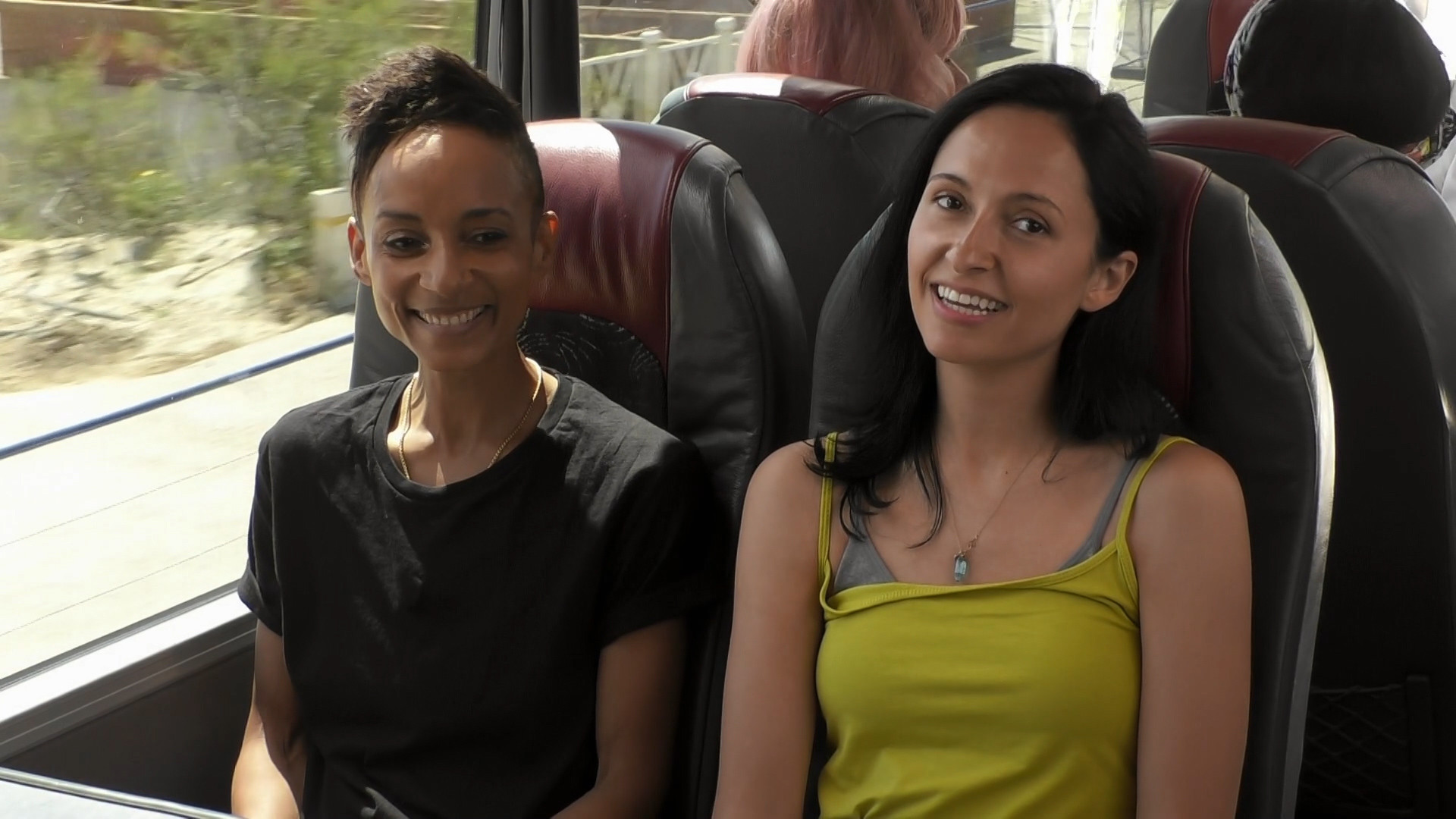 Adele Roberts on a coach on Celebrity Coach Trip 