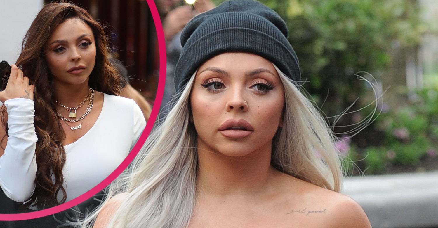 Jesy Nelson in a beanie hat and boob tube