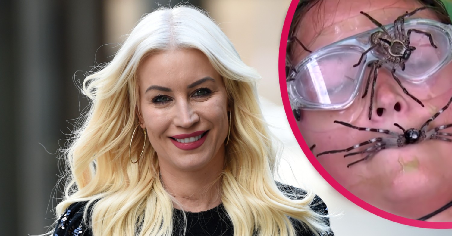 Denise Van Outen smiling wearing red lipstick with an inset of Jac Jossa's face covered in spiders on I'm A Celebrity...