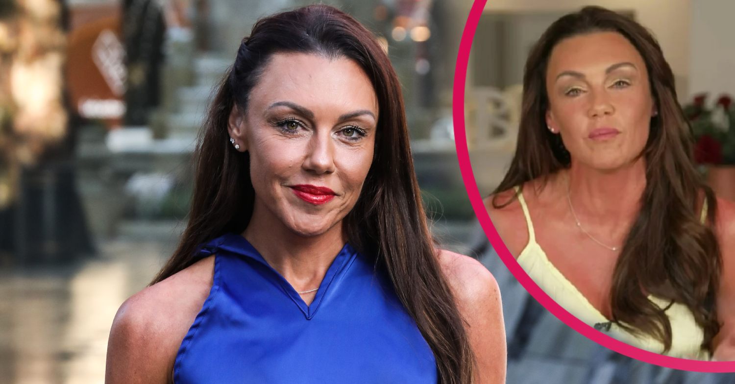 Michelle Heaton dressed ina. blue top with red lipstickis now sober after rehab