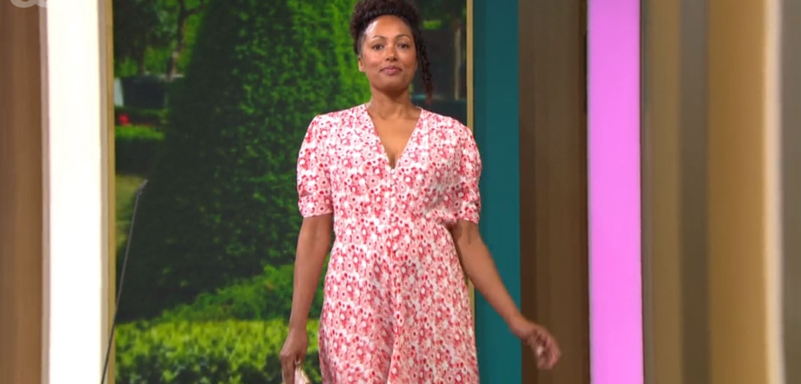 A fashion This Morning model poses in pink dress today