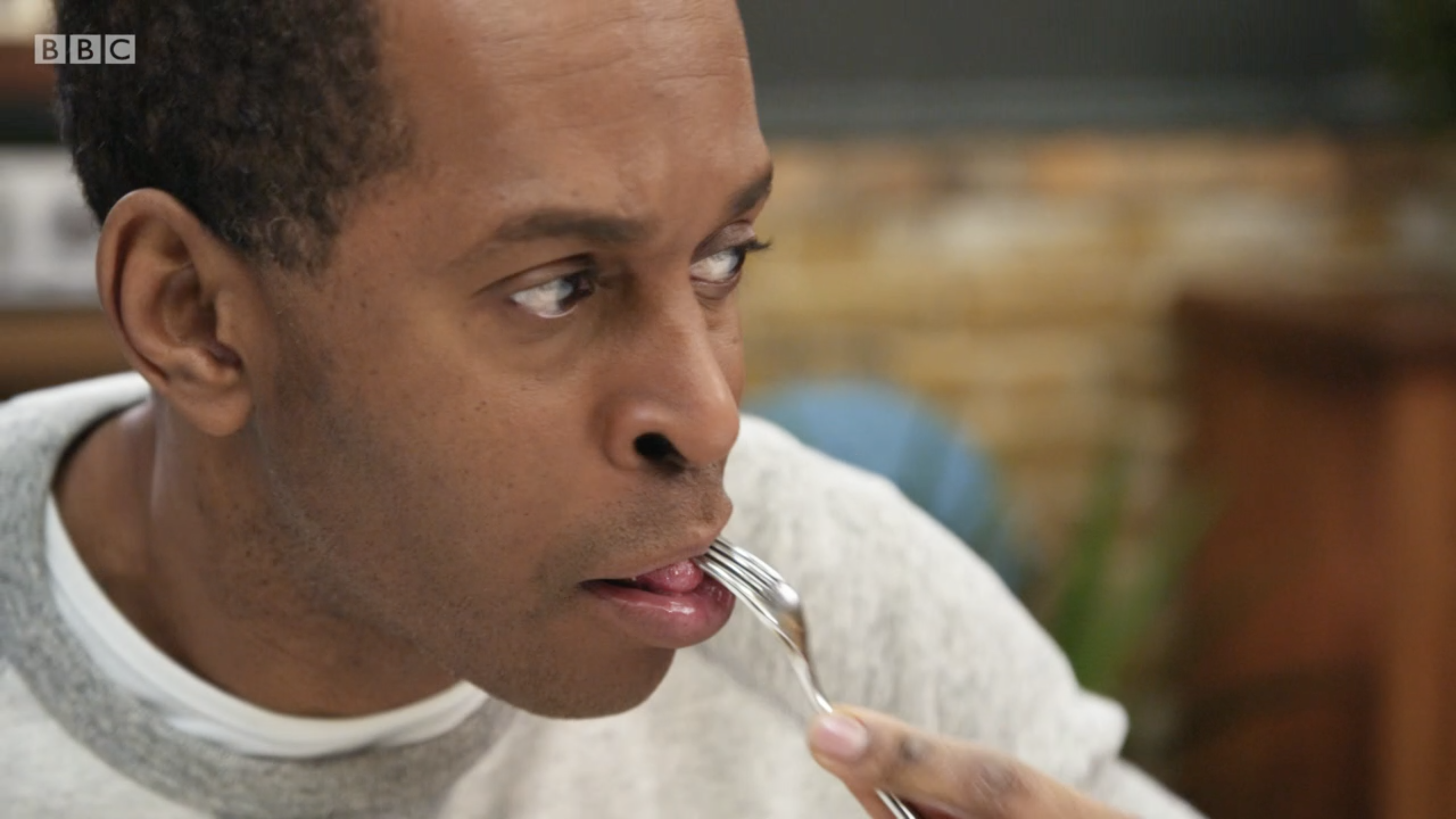 Andi Peters takes a bit of food on Celebrity Masterchef