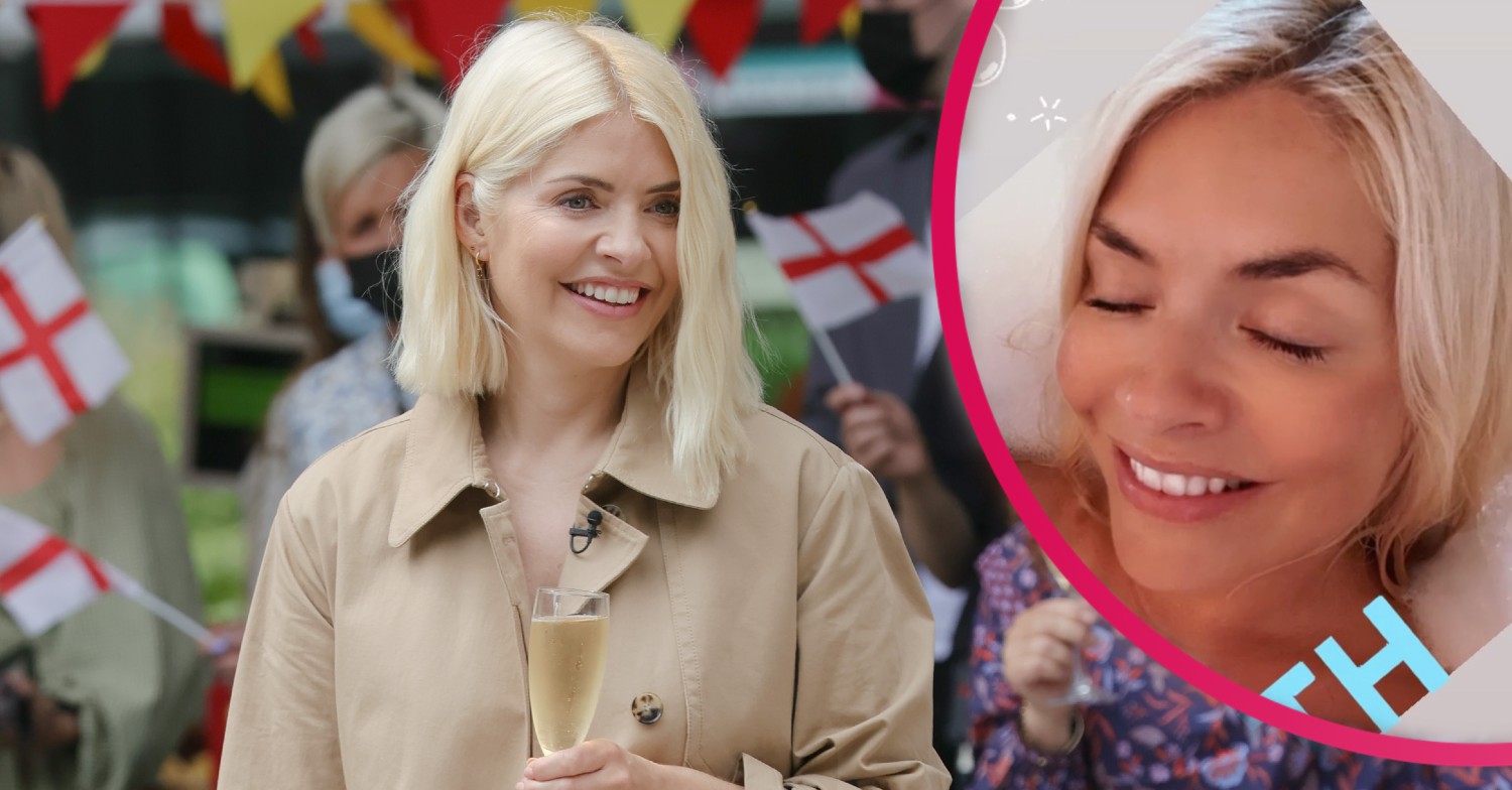 Holly Willoughby in a beige mac with inset of her enjoying a bubble bath on instagram