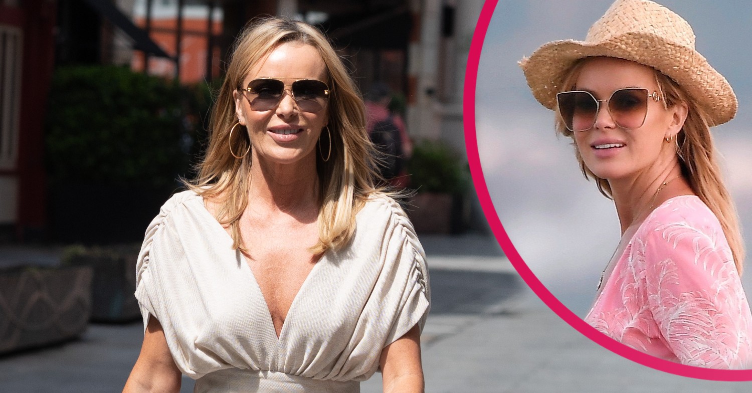 Amanda Holden in a beige dress and sunglasses smiling as she walks