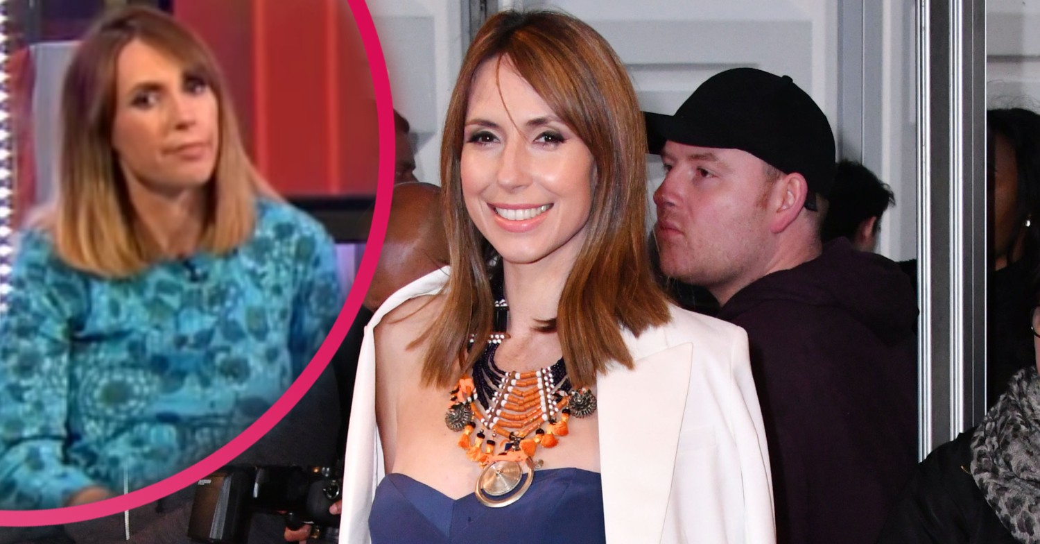 The One Show host Alex Jones in a white blazer with navy bustier with inset of her hosting The One Show