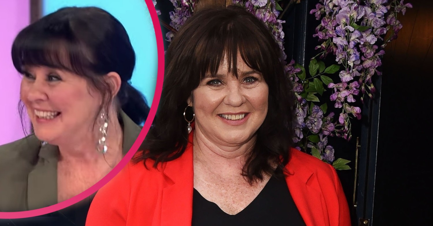 Coleen Nolan in an orange blazer and black top with inset of her laughing on Loose Women