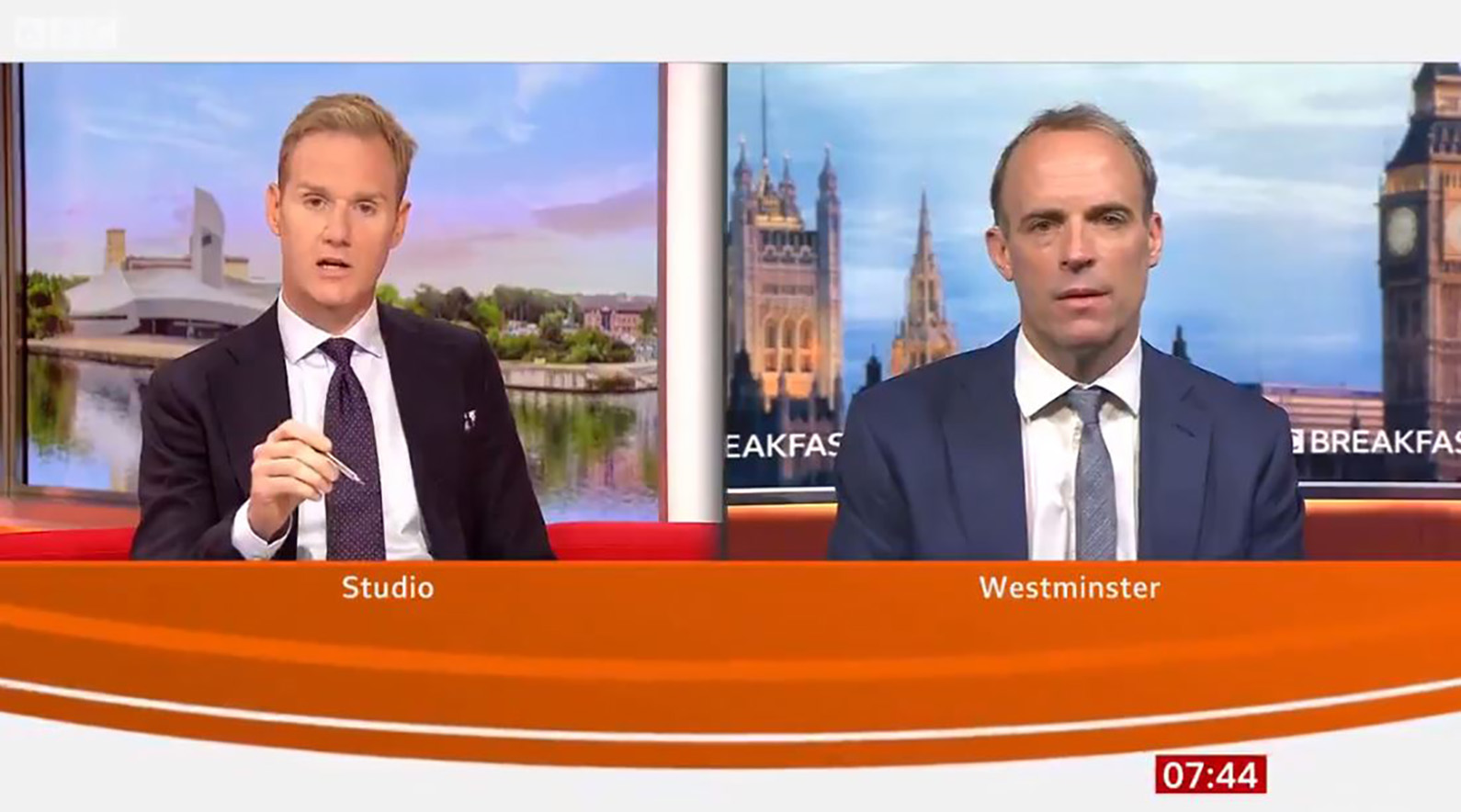 Dan Walker interviews Dominic Raab on BBC Breakfast today