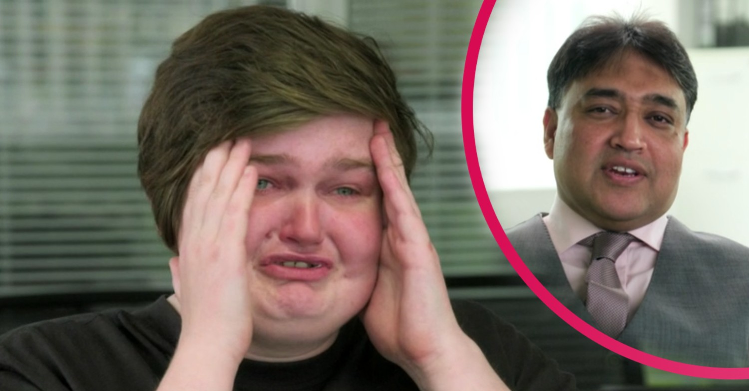 Undercover Big Boss eurofoods employee Jess cries with inset of her boss Shelim