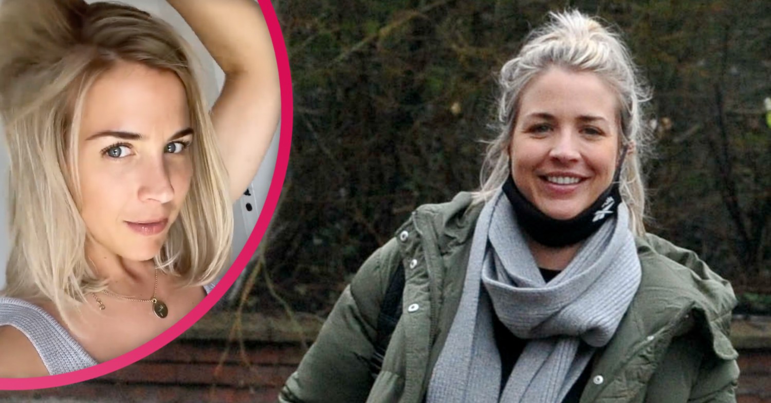 Gemma Atkinson dressed in a coat and scarf with her hair tied back and inset of her with her glam new blonde bob