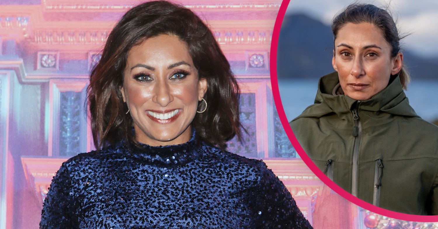 Saira Khan smiles in a blue velvet dress with inset of her in khaki anorak on Celebrity SAS Who Dares Wins