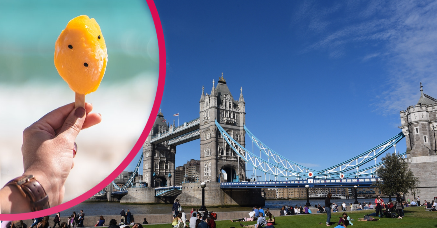 UK landmark London Tower Bridge with sunny clear blue skies and inset of ice lolly