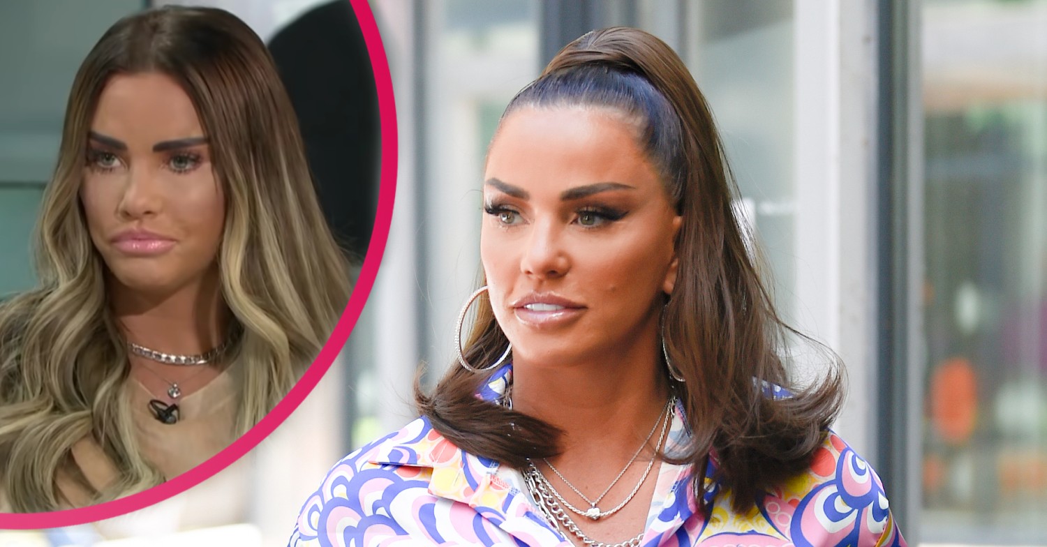 Katie Price with her hair tied back in a 70s print jumpsuit before her assault