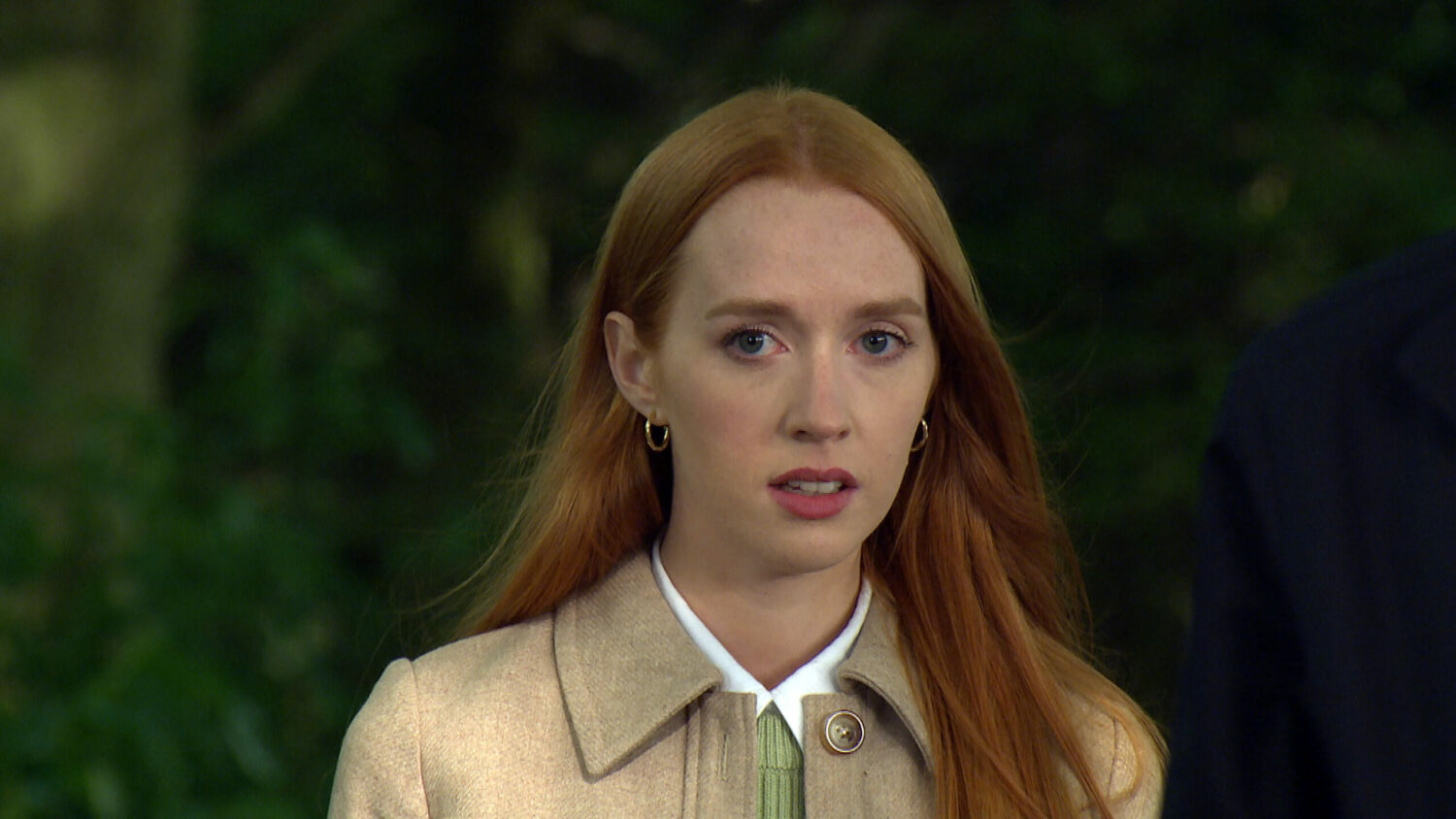 Emmerdale Chloe Harris looks nervous 