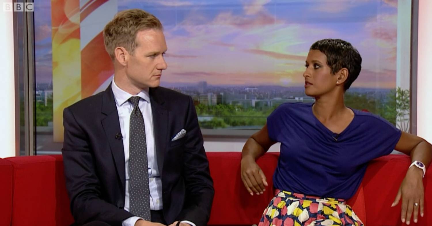Naga Munchetty on the BBC Breakfast sofa with Dan Walker