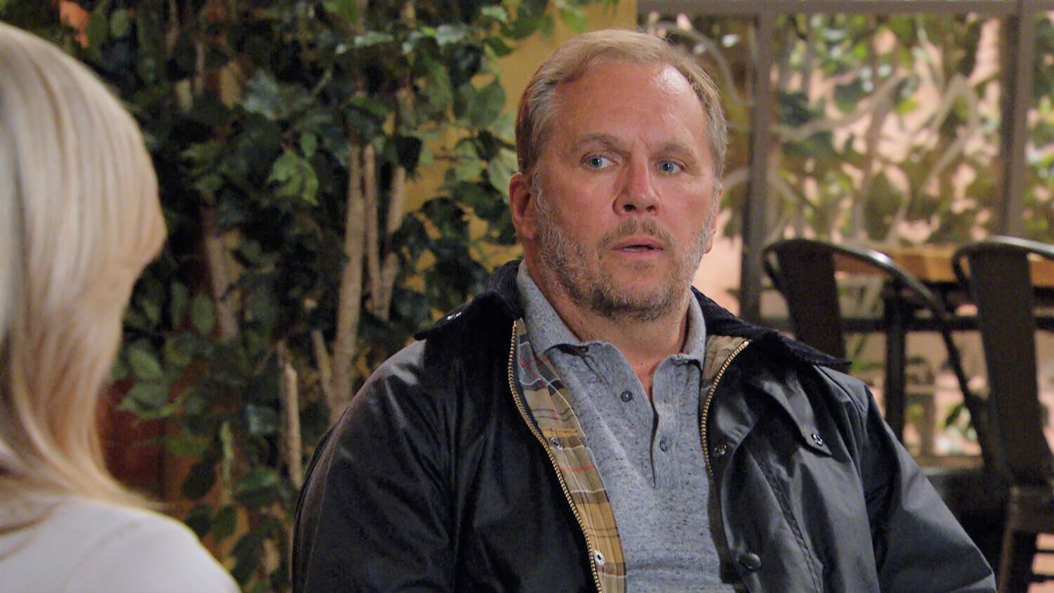 Emmerdale Will Taylor looks worried talking to Kim Tate